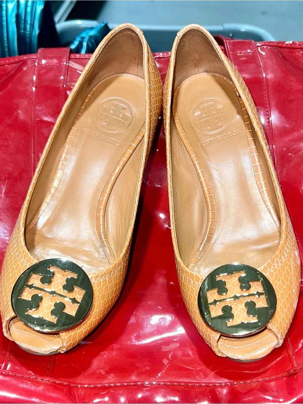 Tory Burch Tan Leather Logo Peep-Toe Flats with Dark Green Medallions